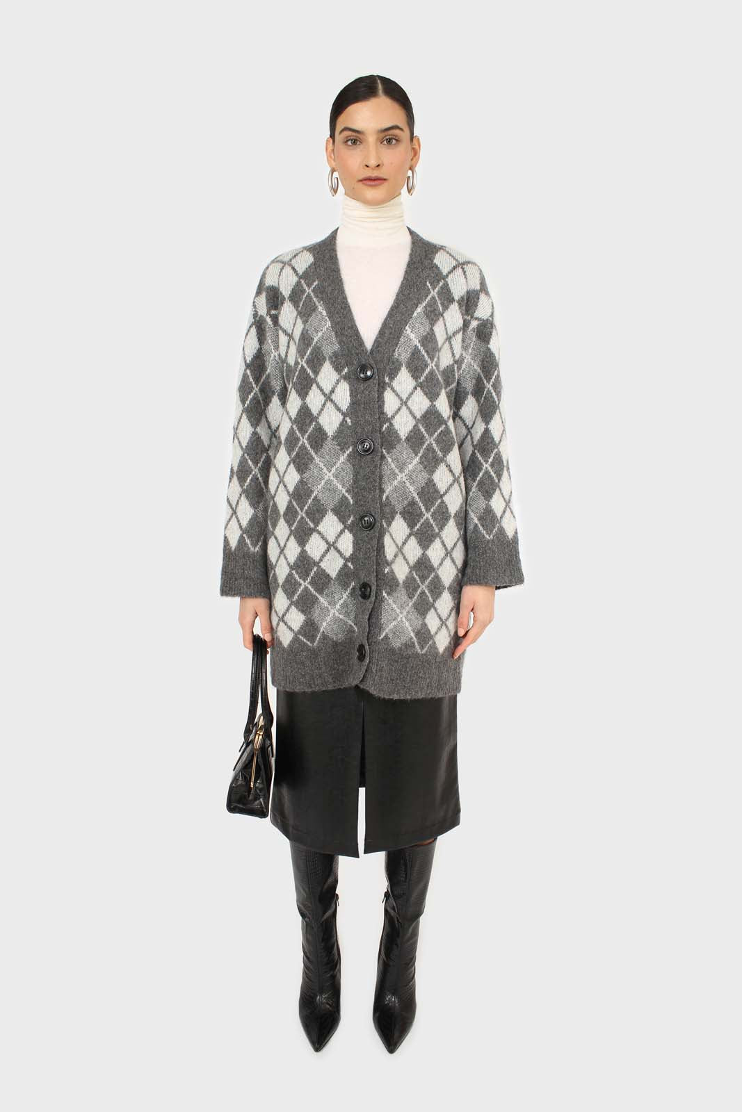 Grey argyle alpaca wool blend cardigan