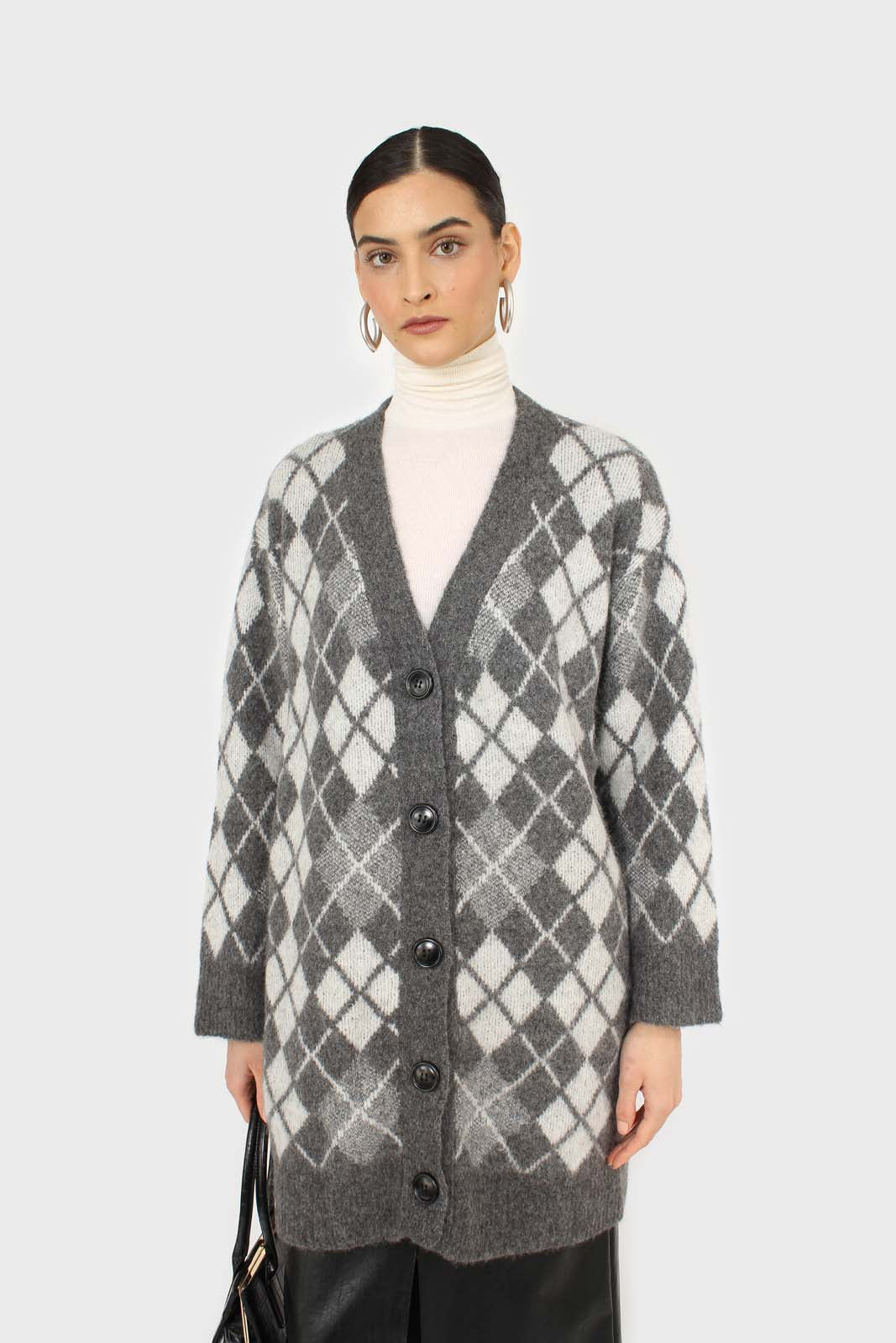 Grey argyle alpaca wool blend cardigan