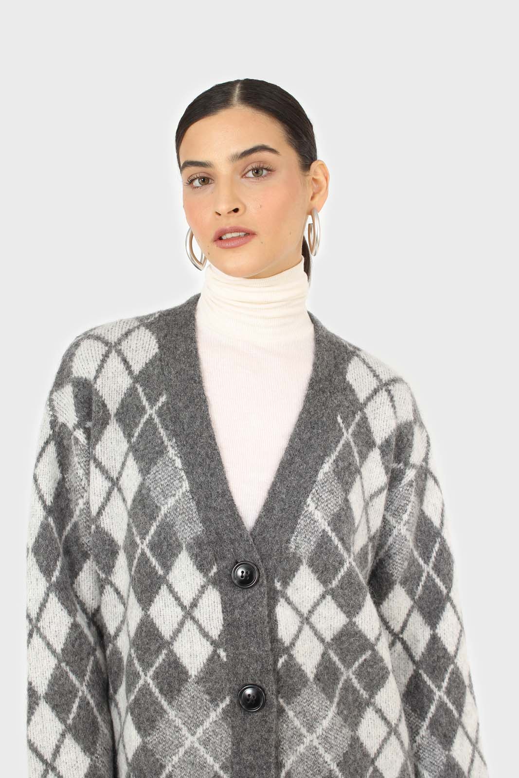 Grey argyle alpaca wool blend cardigan