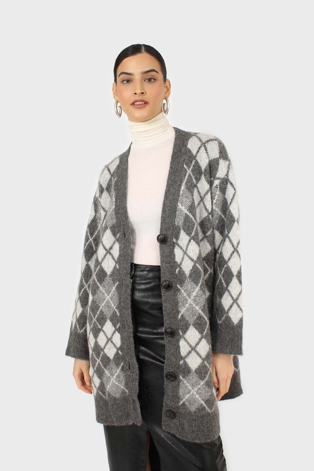 Grey argyle alpaca wool blend cardigan