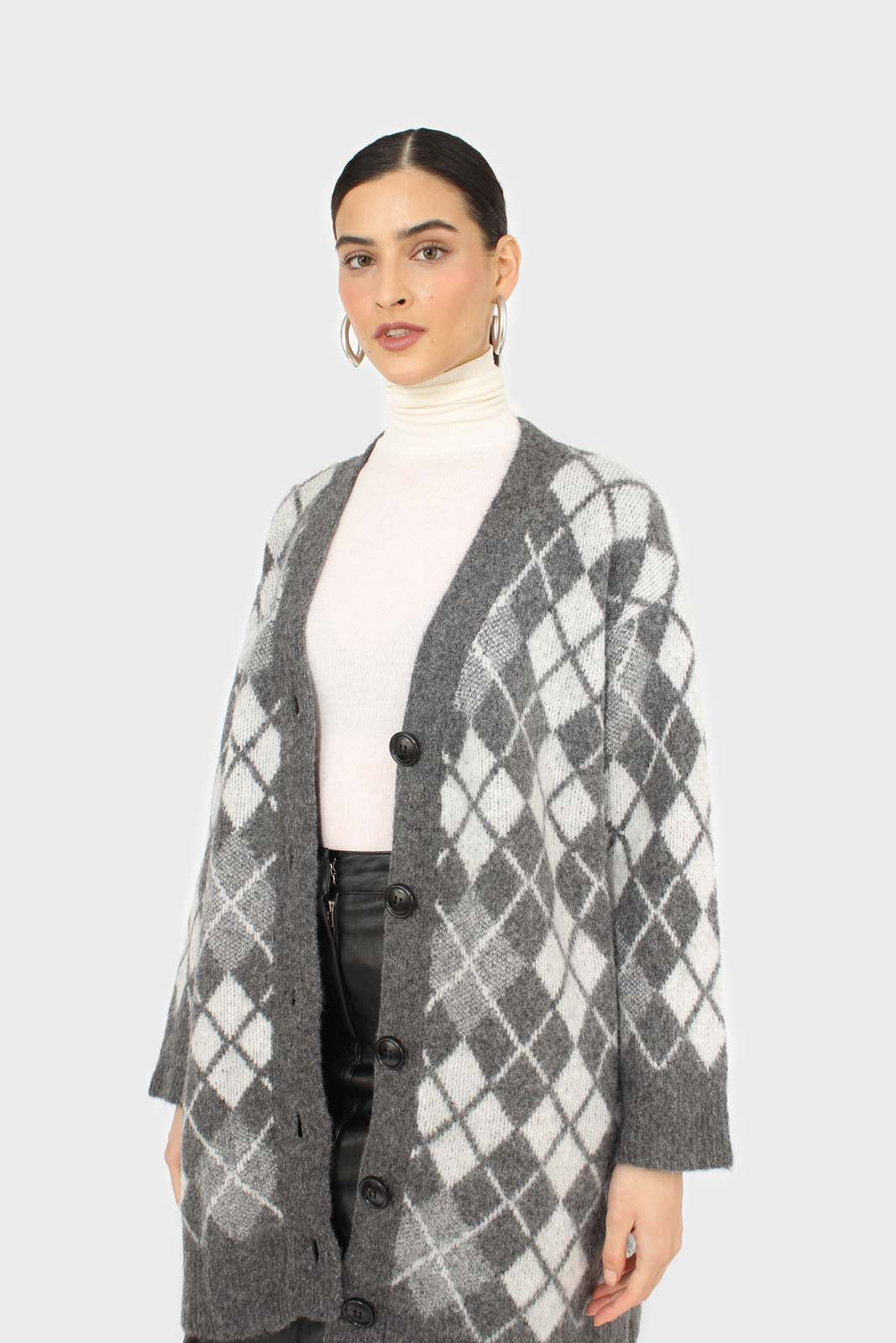 Grey argyle alpaca wool blend cardigan