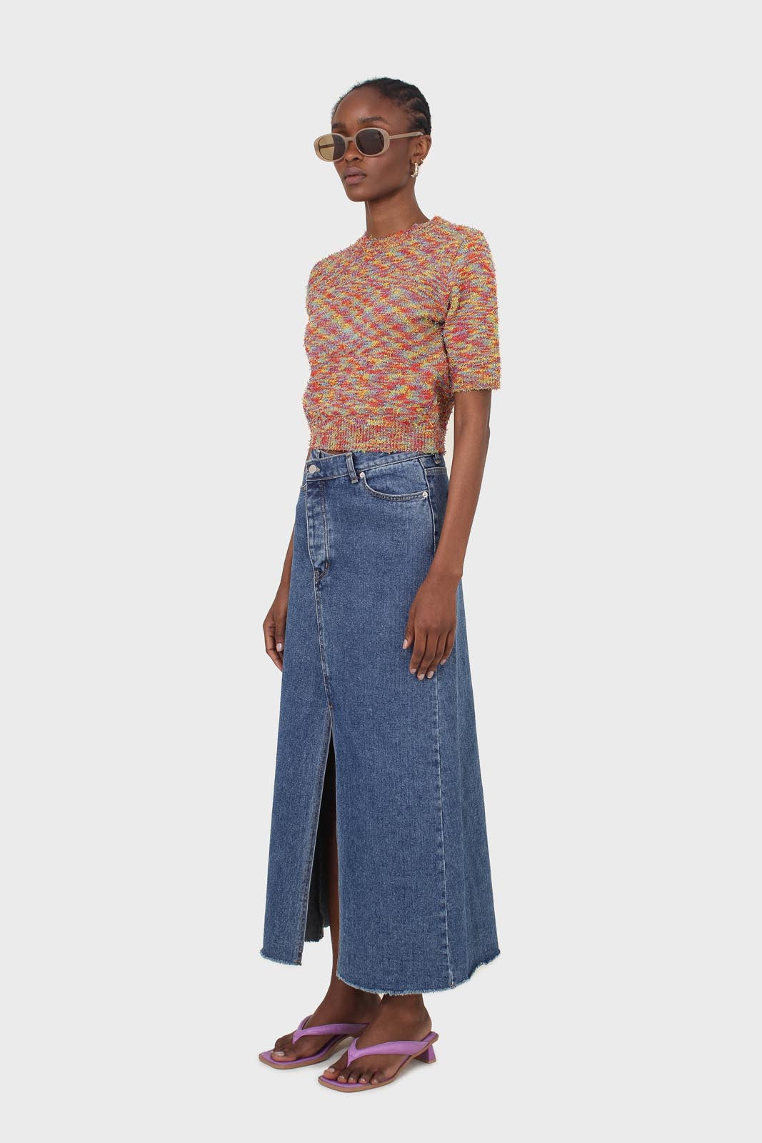 Mid blue denim front slit maxi skirt