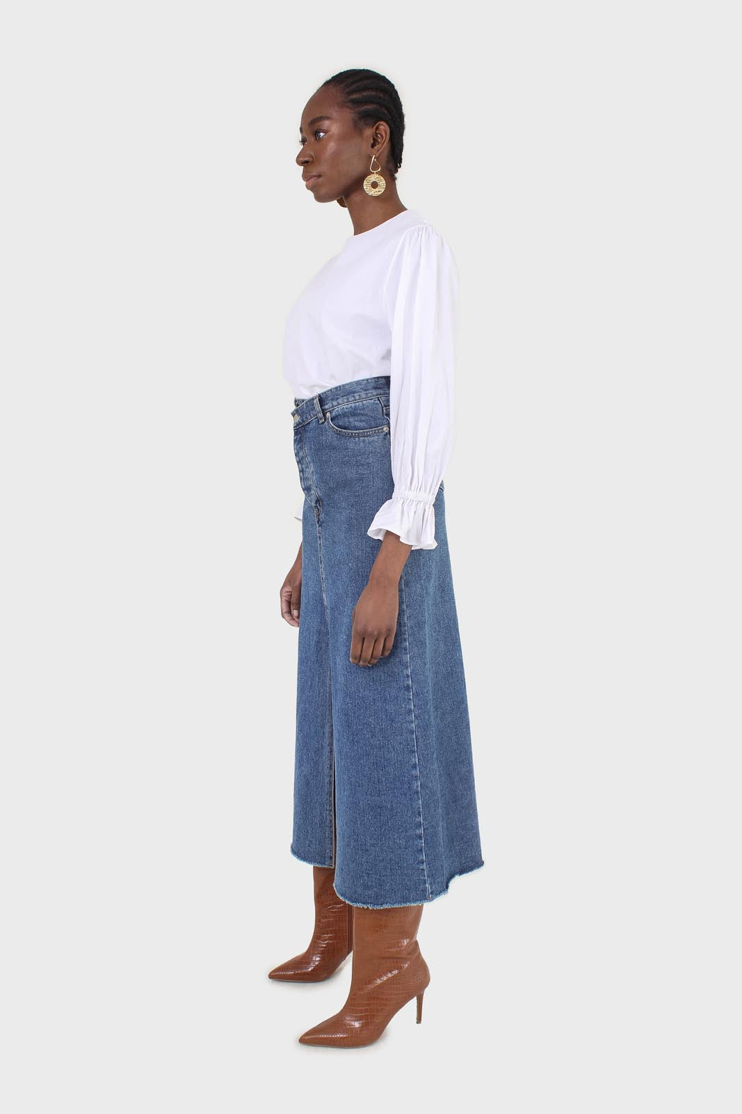 Mid blue denim front slit maxi skirt