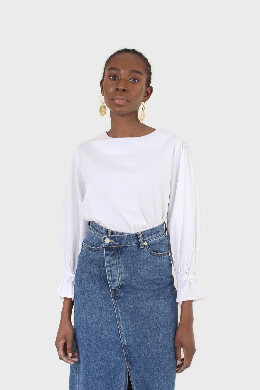 Mid blue denim front slit maxi skirt