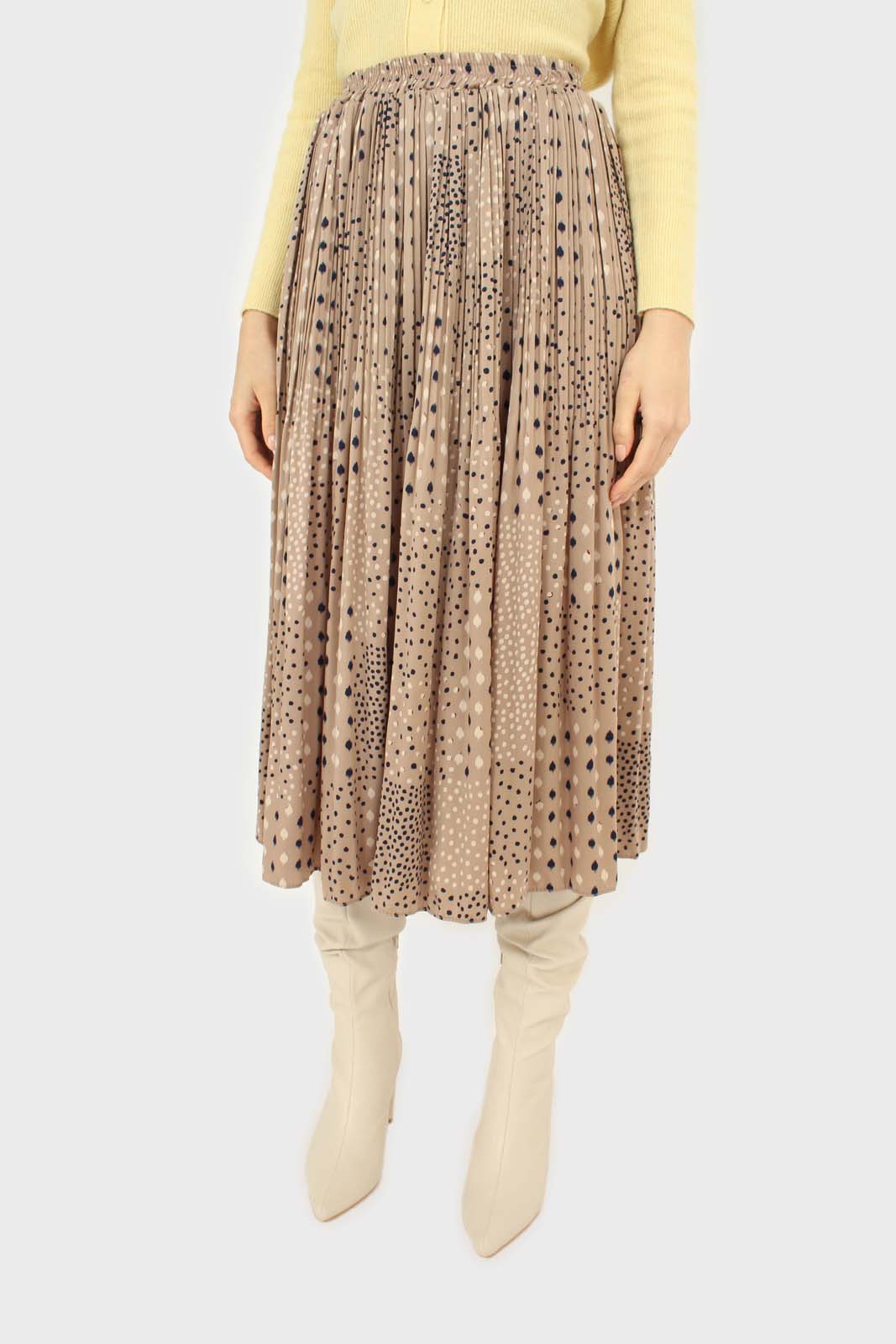 Beige leopard micro pleated satin skirt