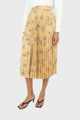 Pale yellow floral print pleated satin skirt