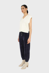 Navy velvet ribbed trousers