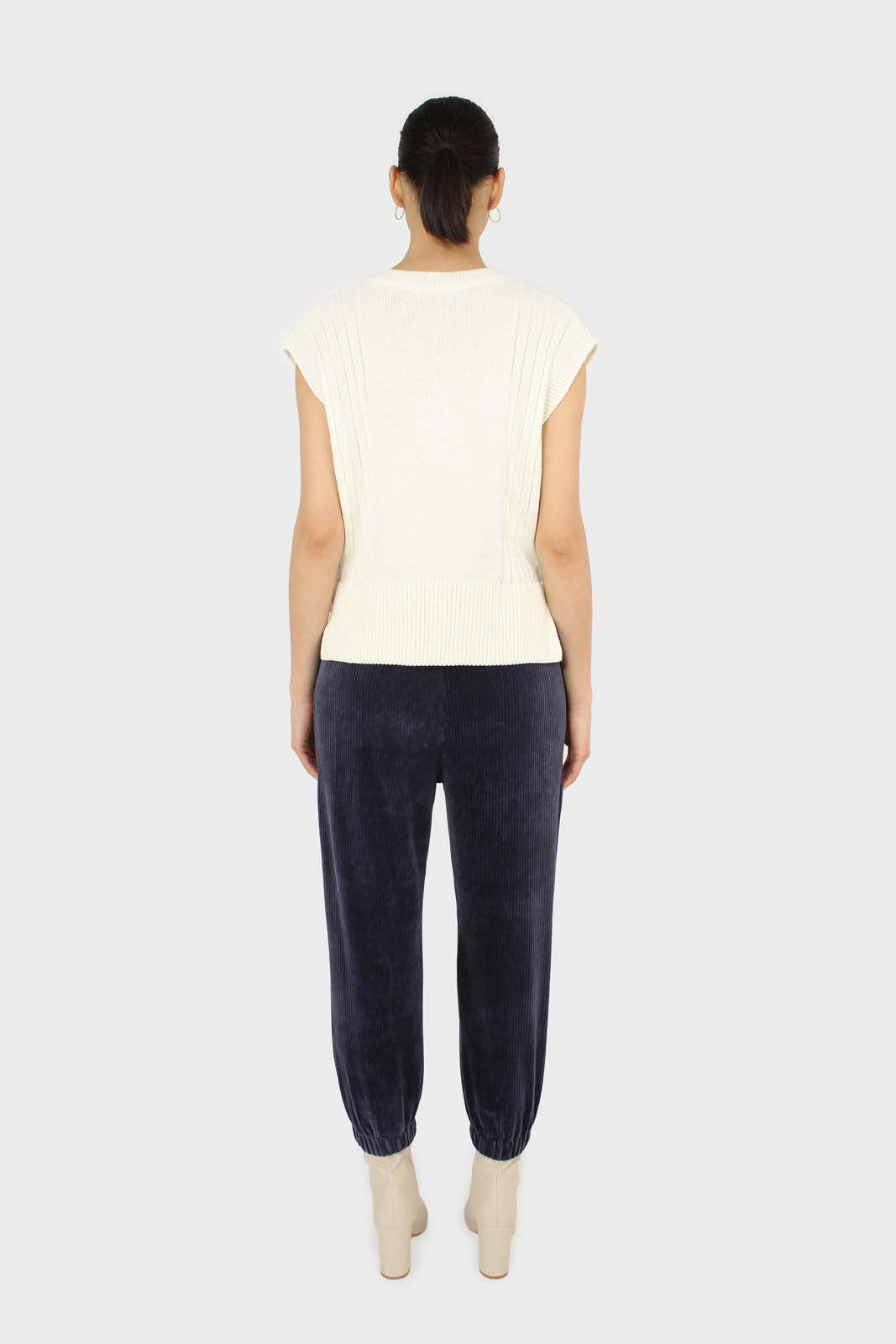 Navy velvet ribbed trousers