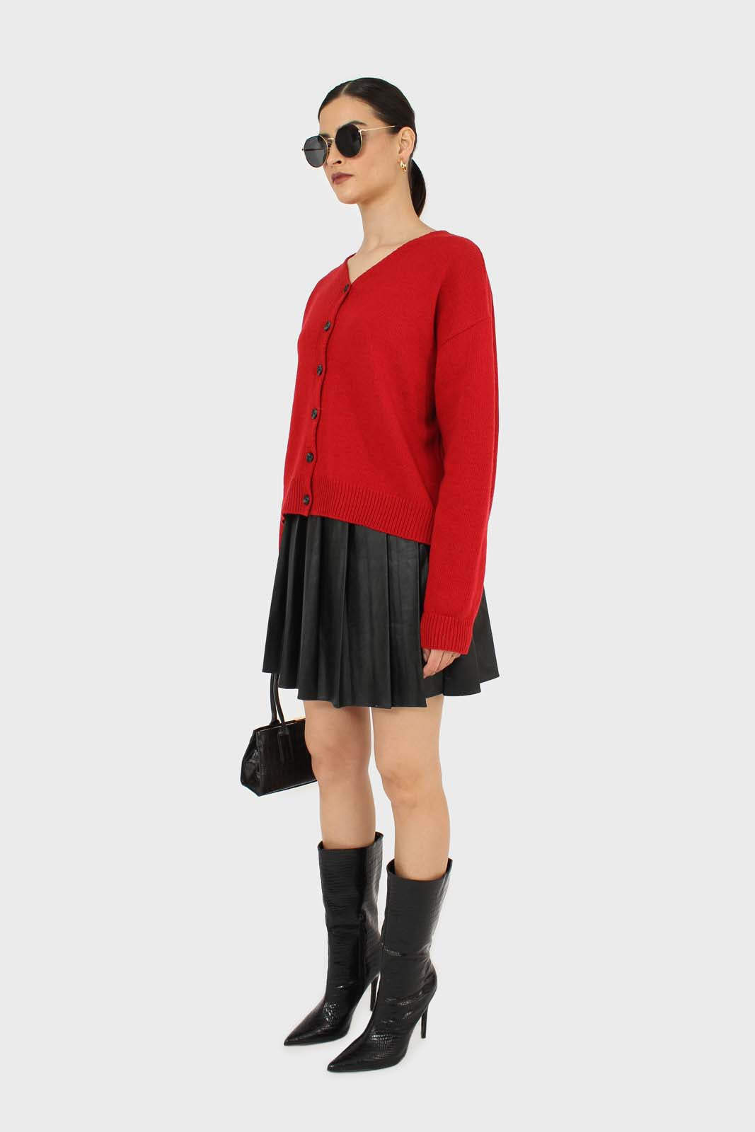 Black vegan leather large pleated mini skirt