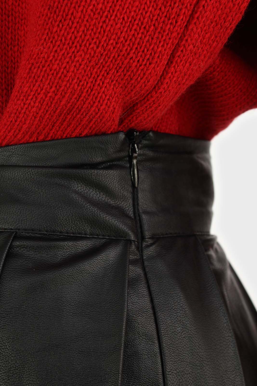 Black vegan leather large pleated mini skirt