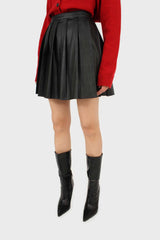 Black vegan leather large pleated mini skirt