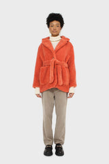 Coral teddy patch pocket belted jacket