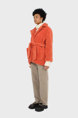 Coral teddy patch pocket belted jacket