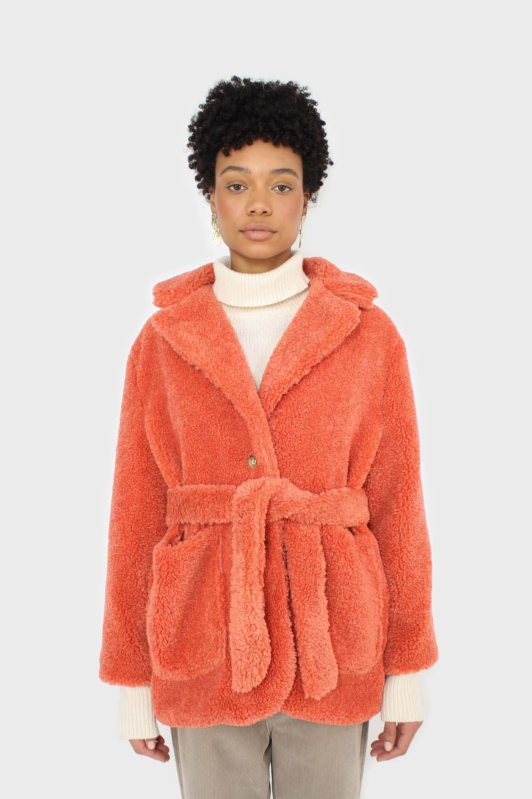 Coral teddy patch pocket belted jacket