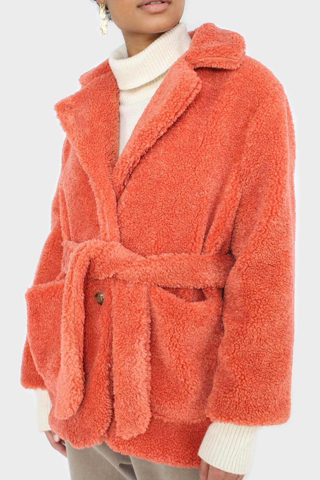 Coral teddy patch pocket belted jacket