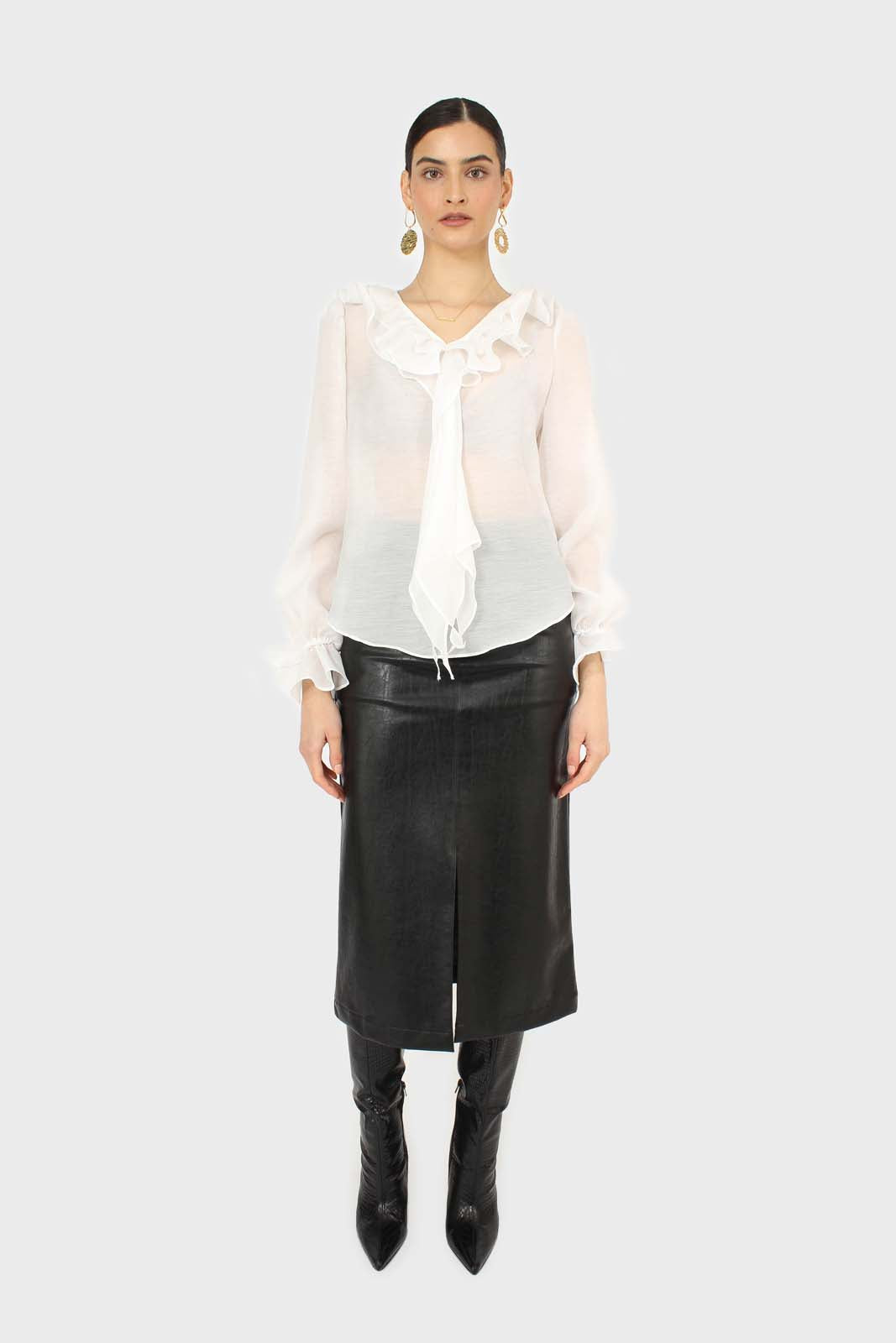 White double ruffle silky blouse