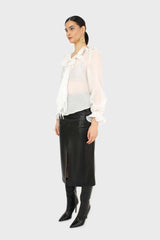 White double ruffle silky blouse