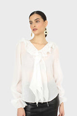 White double ruffle silky blouse