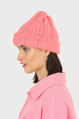Pink large ribbed wool beanie hat