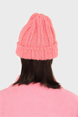Pink large ribbed wool beanie hat