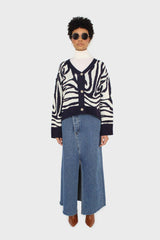 Navy blue and ivory intarsia zebra cardigan