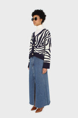 Navy blue and ivory intarsia zebra cardigan