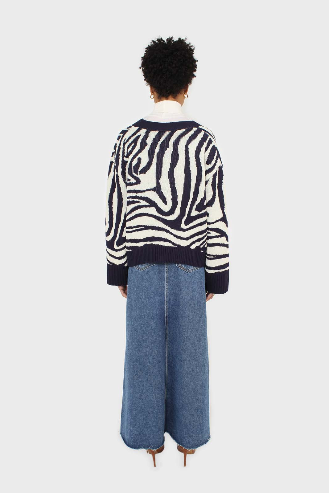 Navy blue and ivory intarsia zebra cardigan