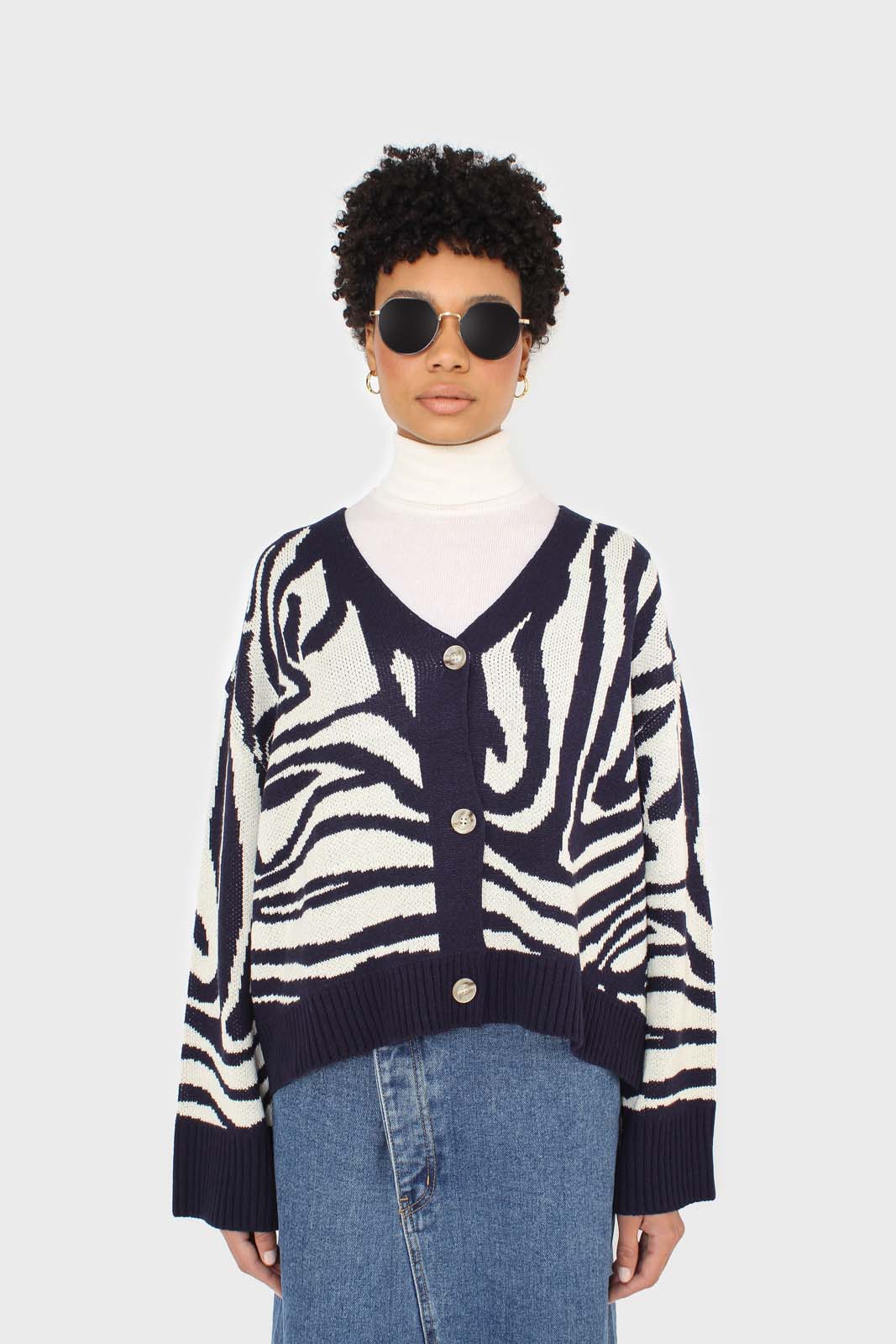 Navy blue and ivory intarsia zebra cardigan