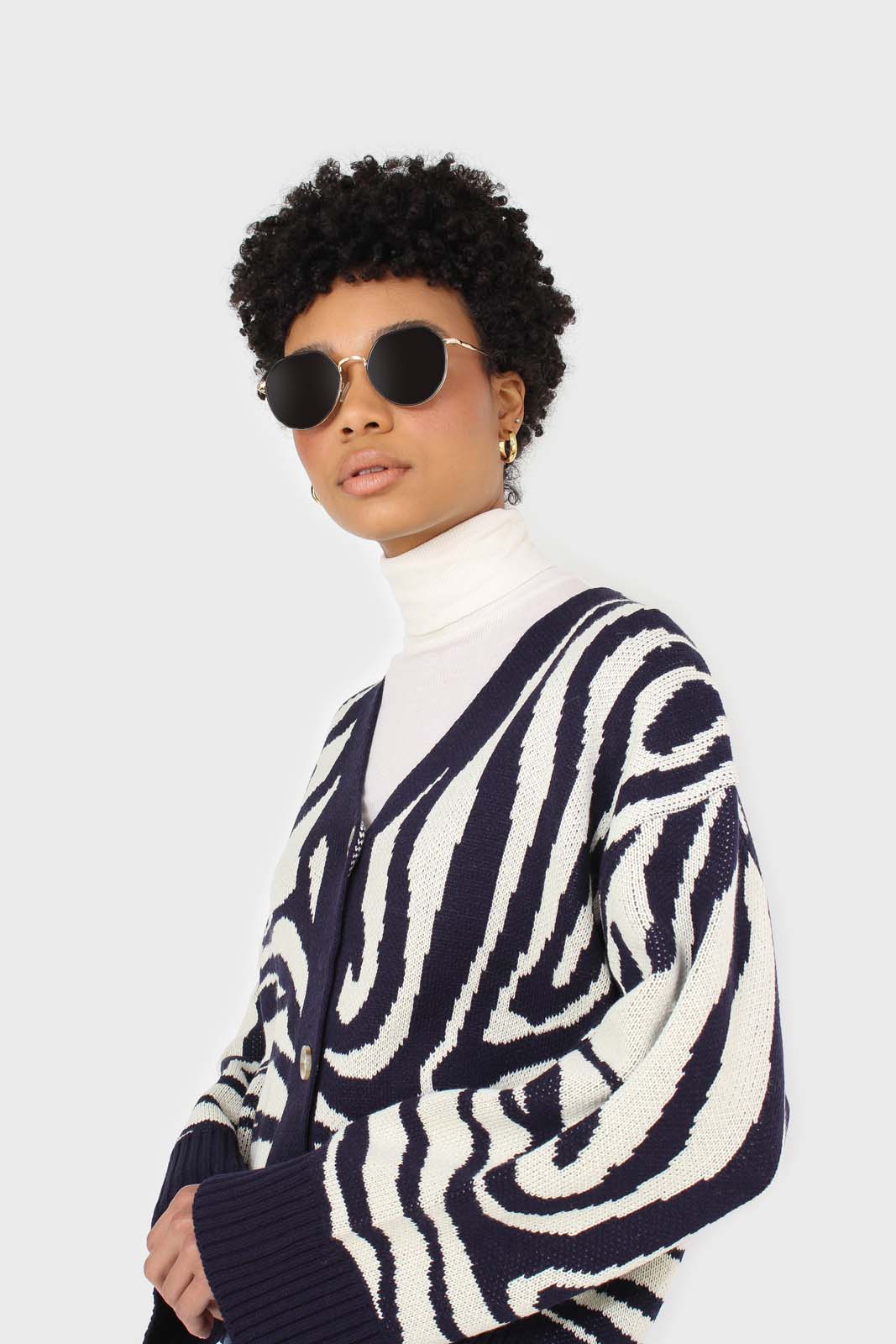 Navy blue and ivory intarsia zebra cardigan