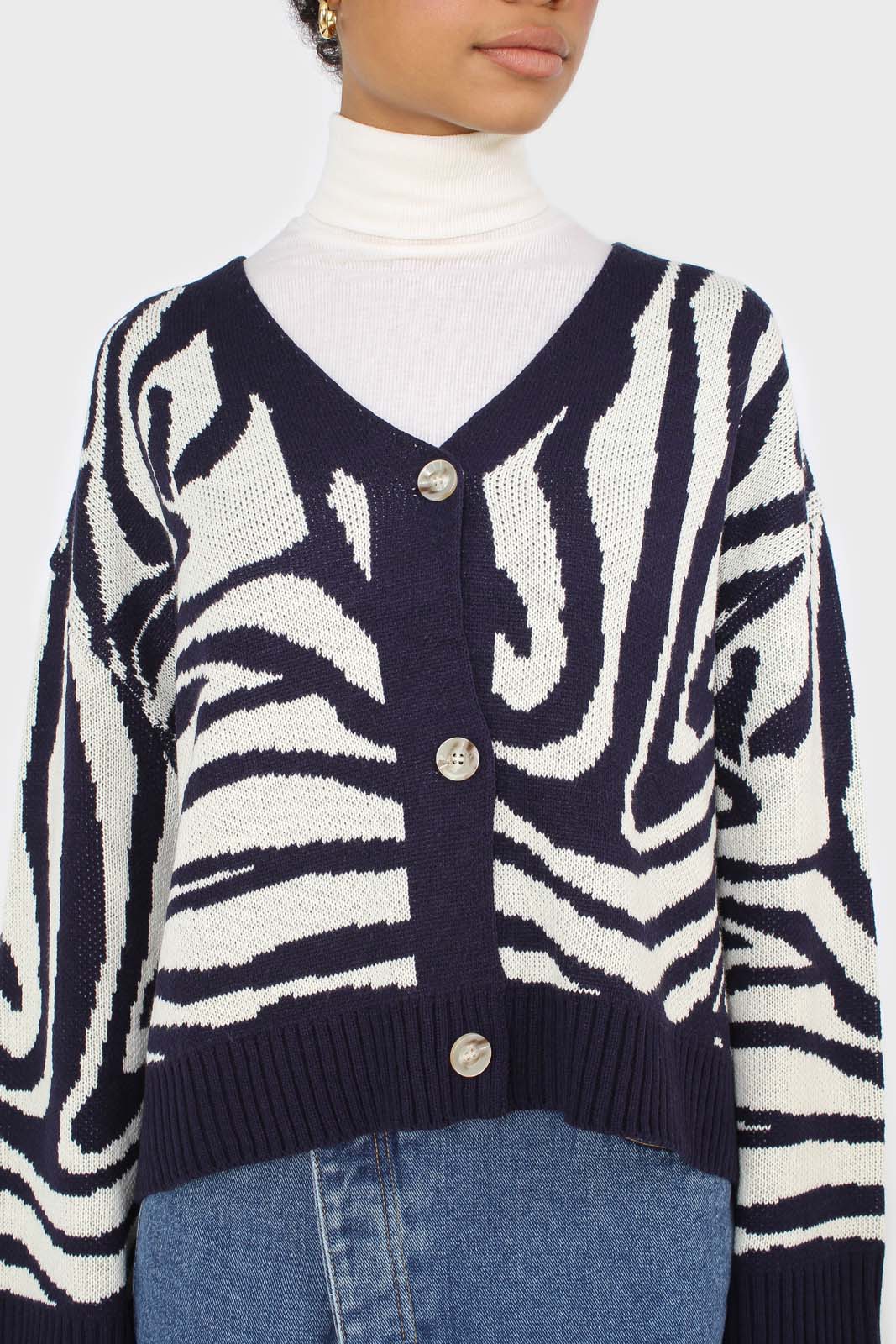 Navy blue and ivory intarsia zebra cardigan