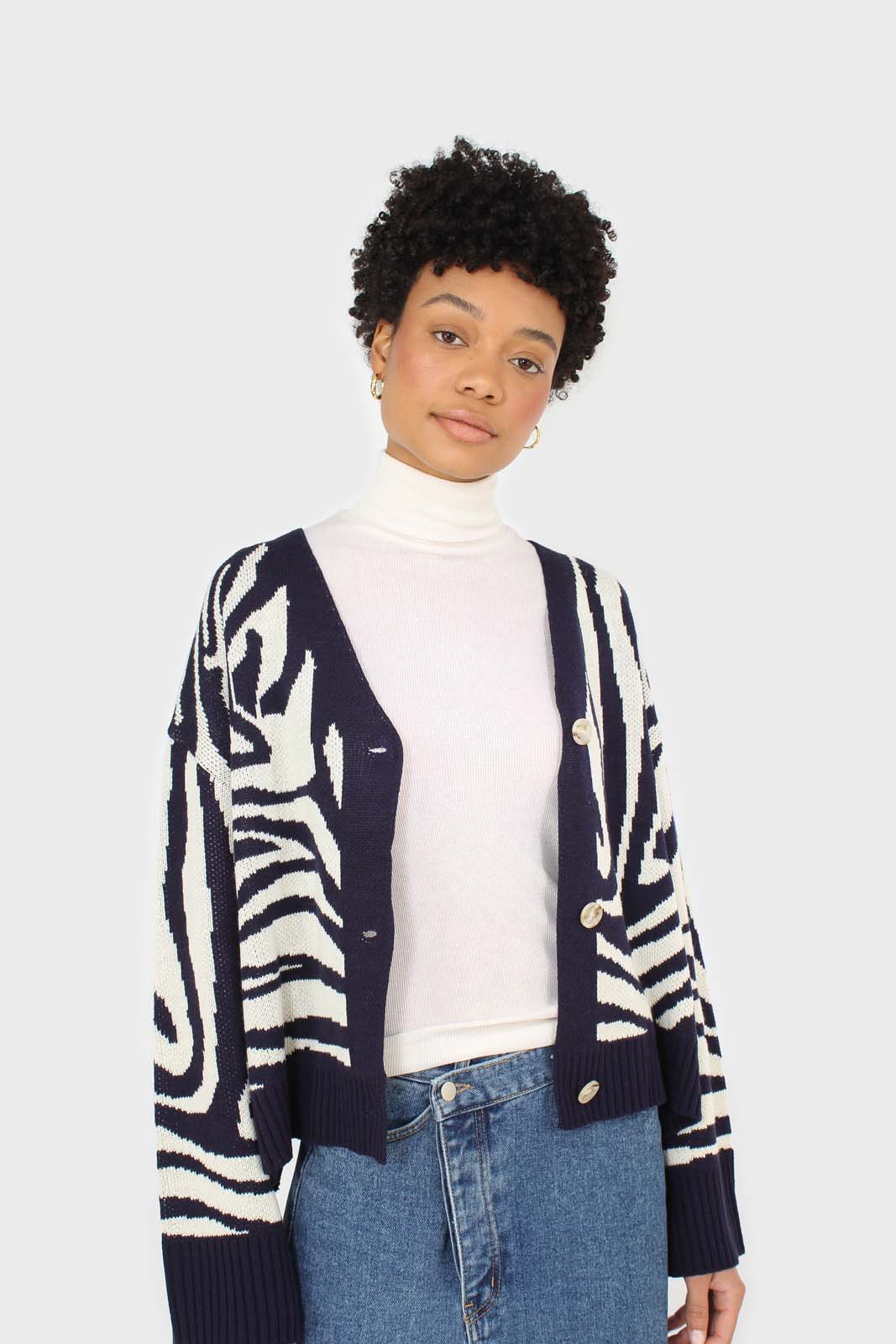 Navy blue and ivory intarsia zebra cardigan