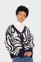 Navy blue and ivory intarsia zebra cardigan