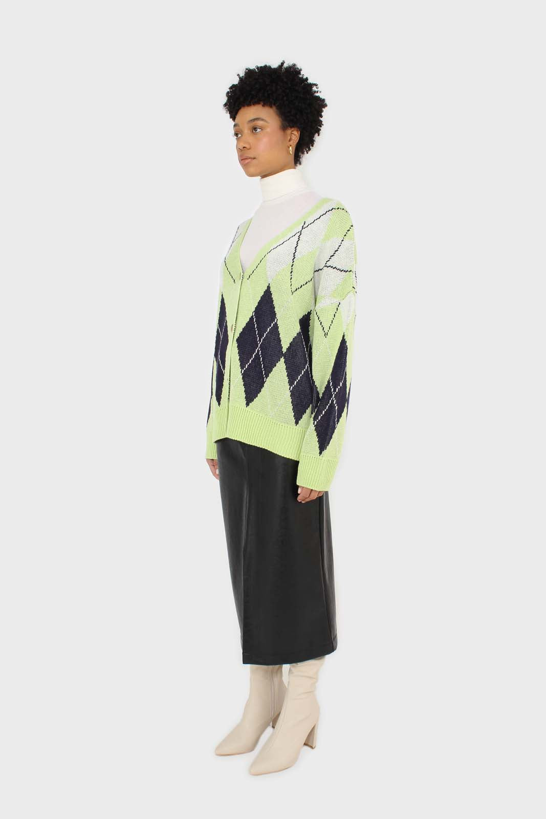 Light green and navy argyle cardigan
