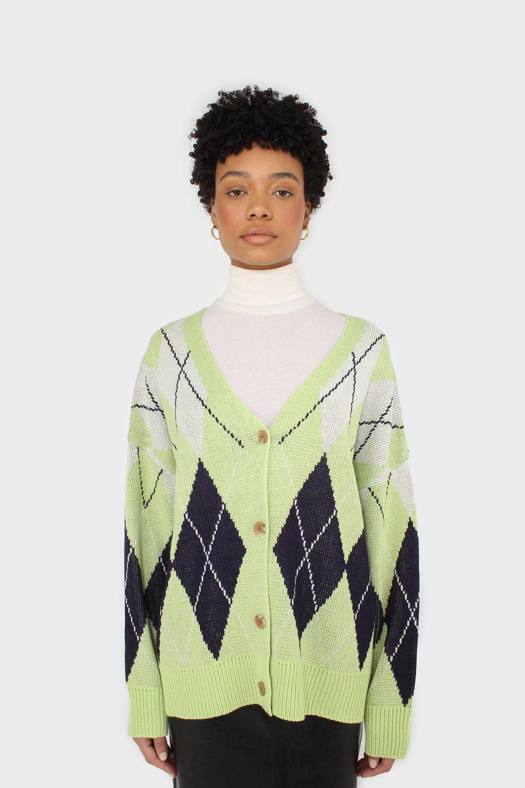 Light green and navy argyle cardigan