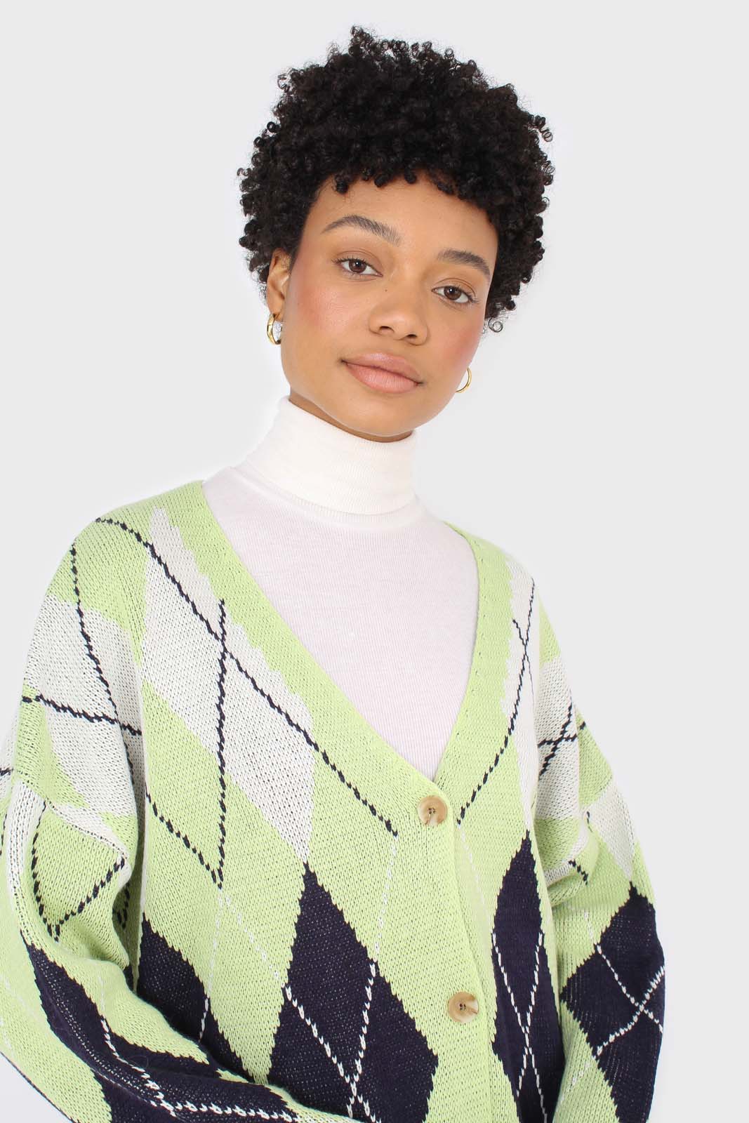 Light green and navy argyle cardigan