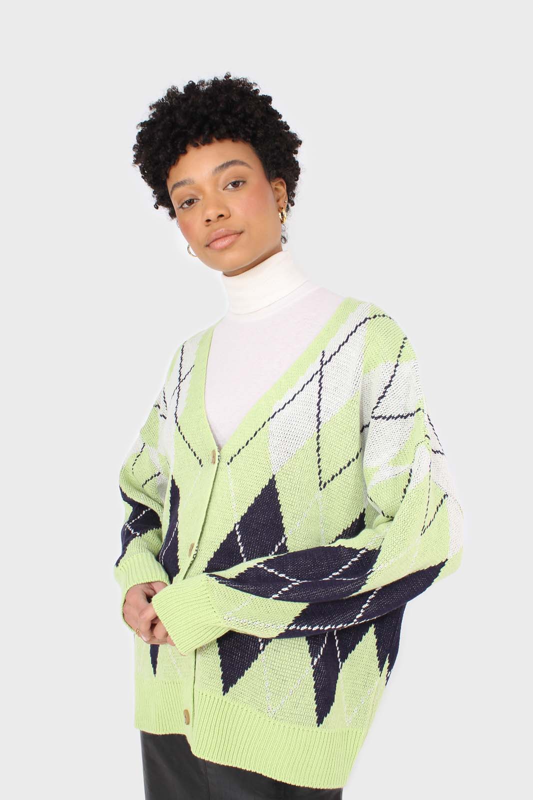 Light green and navy argyle cardigan