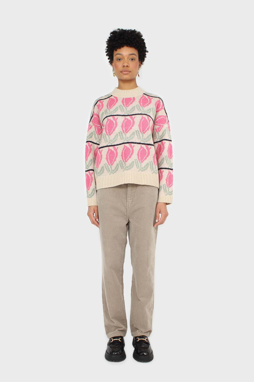 Oatmeal and pink intarsia tulip crew neck jumper