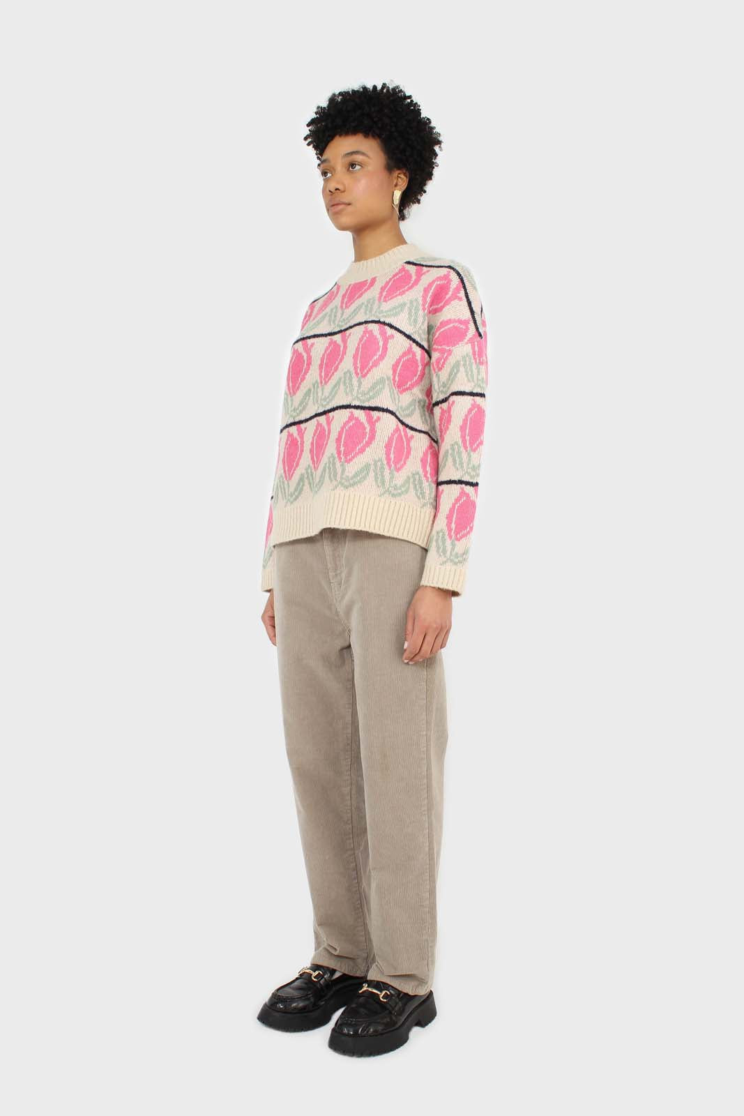 Oatmeal and pink intarsia tulip crew neck jumper