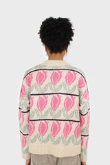 Oatmeal and pink intarsia tulip crew neck jumper