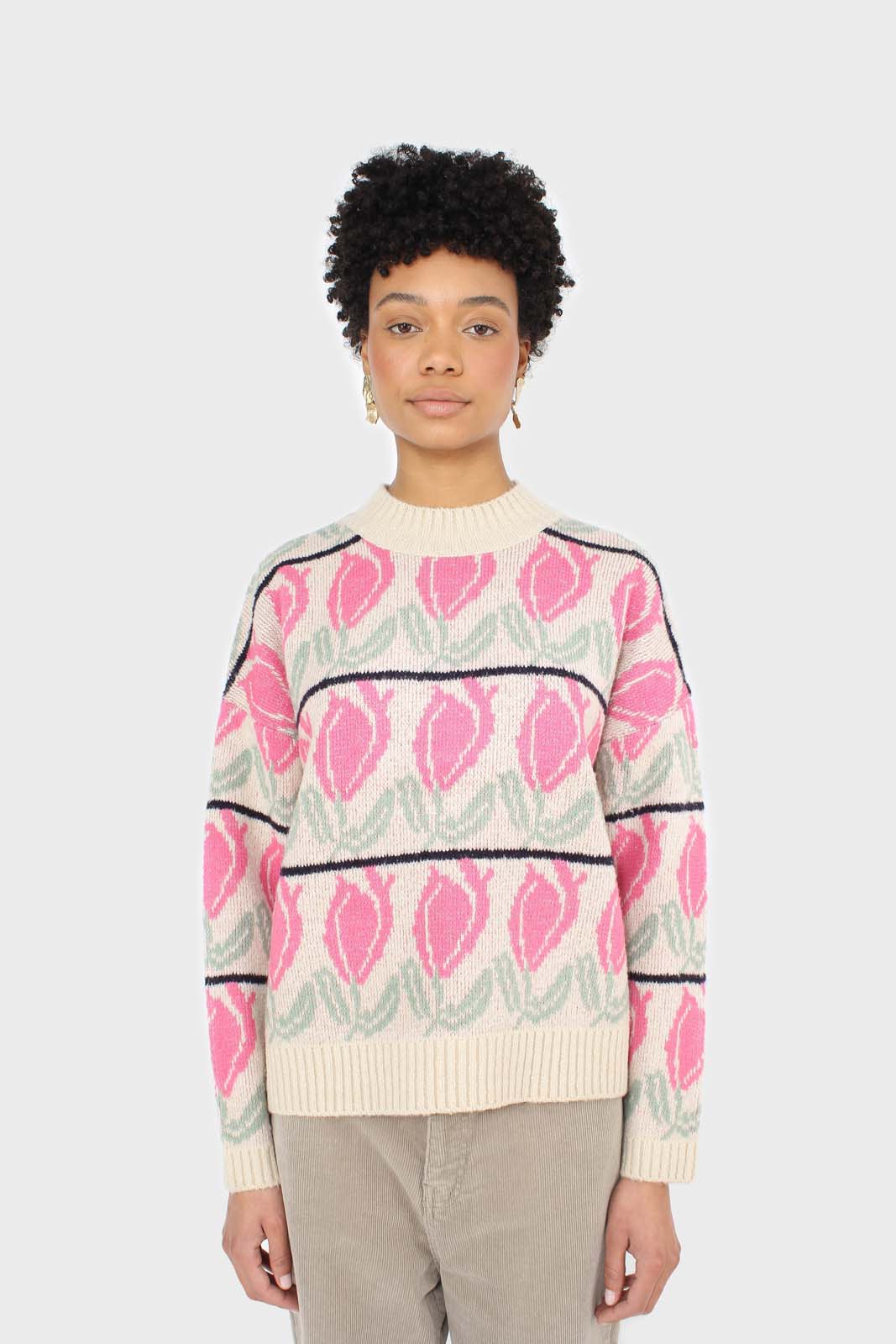 Oatmeal and pink intarsia tulip crew neck jumper