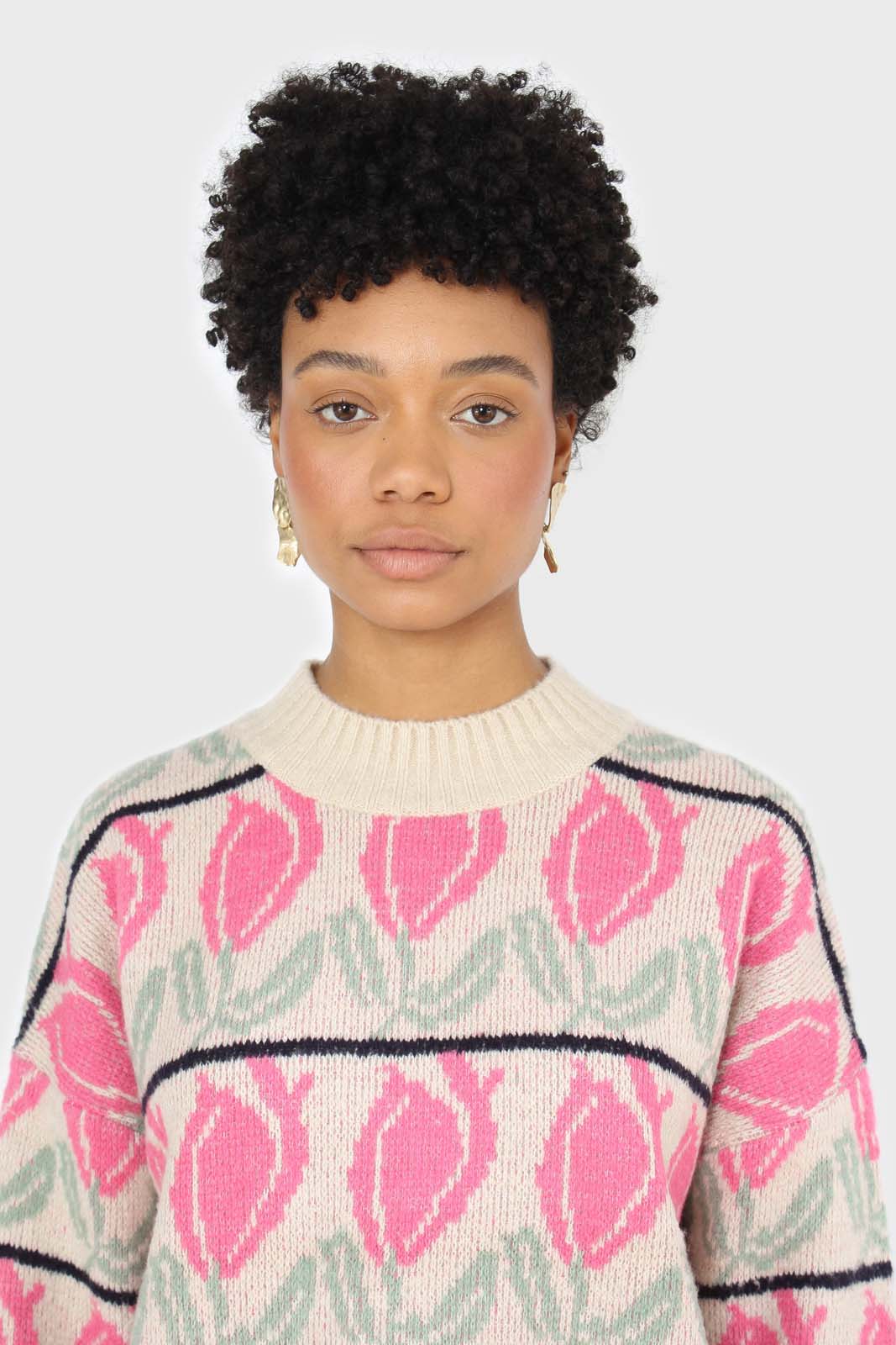 Oatmeal and pink intarsia tulip crew neck jumper