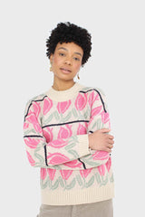 Oatmeal and pink intarsia tulip crew neck jumper