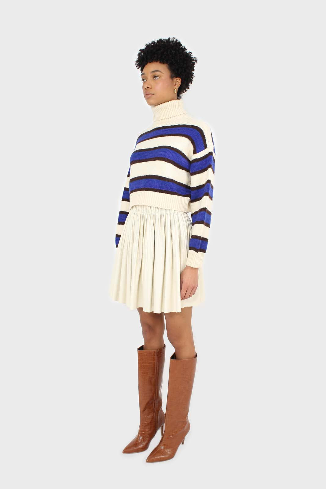 Ivory and cobalt blue bold striped turtleneck jumper