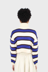 Ivory and cobalt blue bold striped turtleneck jumper