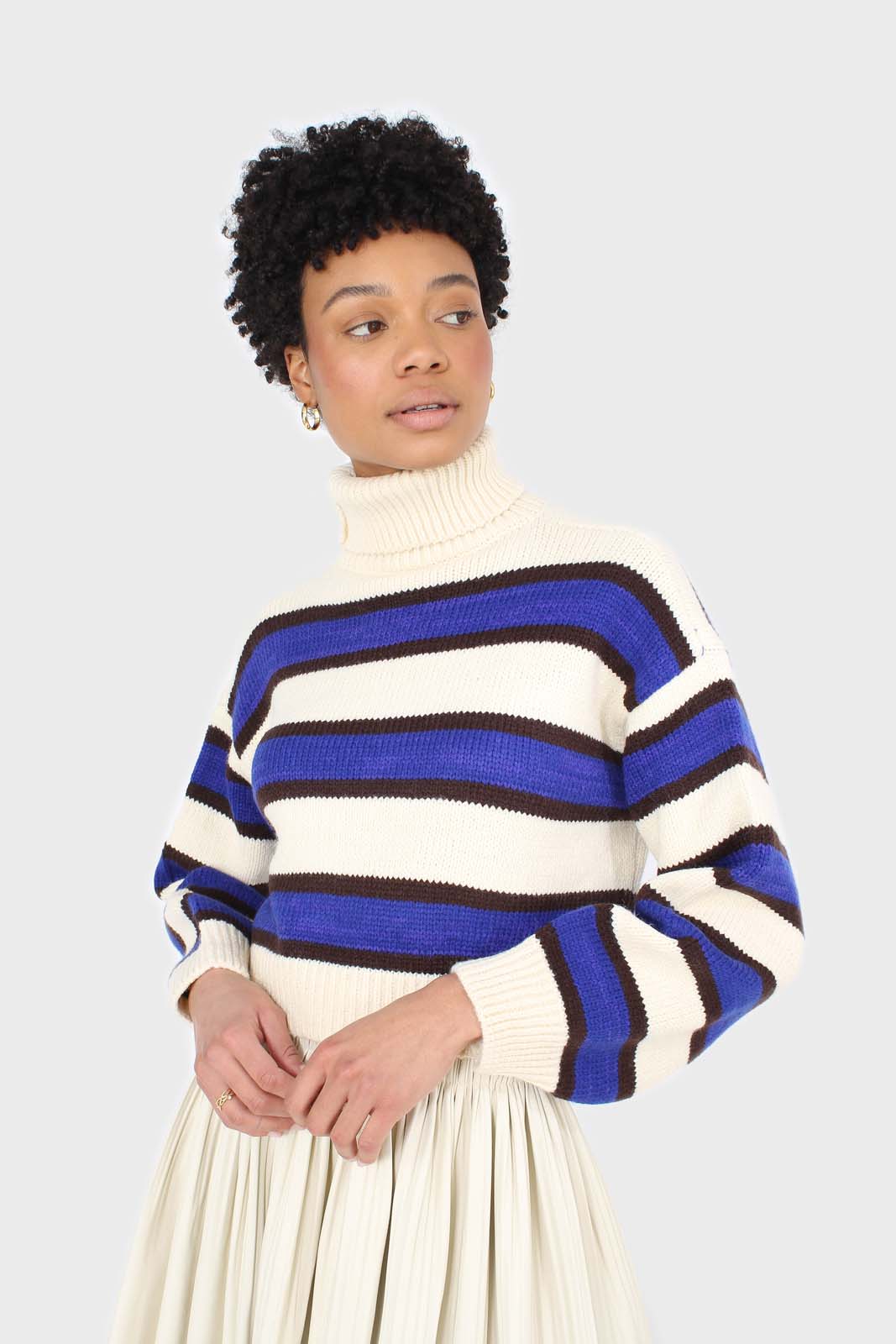 Ivory and cobalt blue bold striped turtleneck jumper