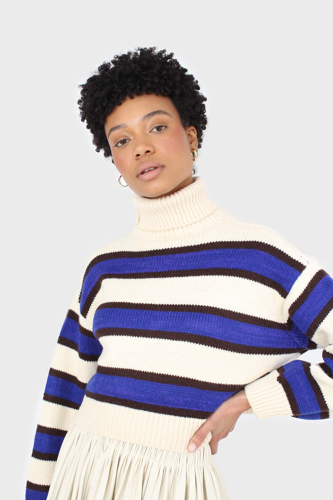 Ivory and cobalt blue bold striped turtleneck jumper