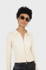 Light beige zip up fitted knit top