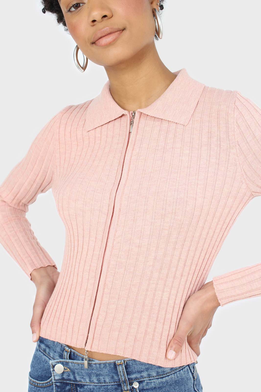 Pink zip up fitted knit top