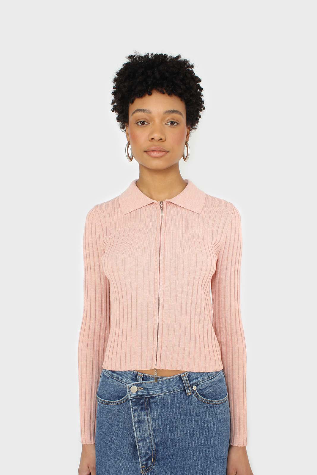 Pink zip up fitted knit top