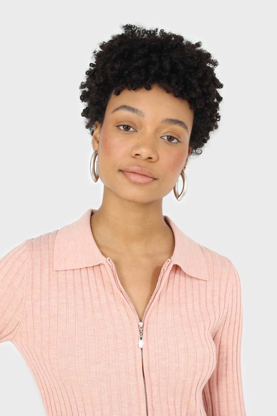 Pink zip up fitted knit top